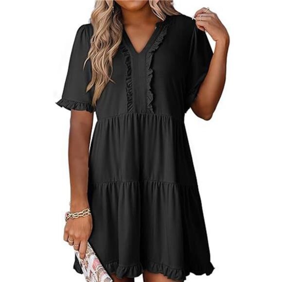 Tiered Notched Short Sleeve Mini Dress - Picture 4 of 16